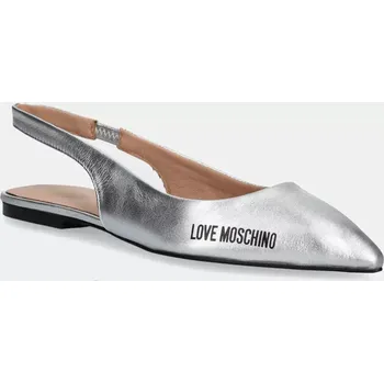 Dámské baleríny Kožené baleríny Love Moschino stříbrná barva, s odkrytou patou, JA11021G1MIF0902 SLV, EUR 37