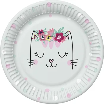 Talíř Papírový talíř malý - Smiling Cat with Flowers Wreath