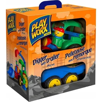 autíčko Vozidlo Bagr Buldozer Velký s Přívěsem Ozdobná Oranžová Krabička