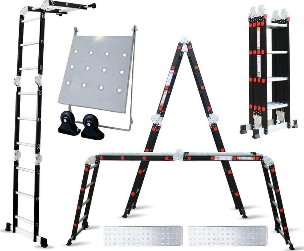 Noela Multifunkční hliníkový žebřík 4x4 473 cm NVLG-44 BLACK PREMIUM + kolečka, podlážka a police
