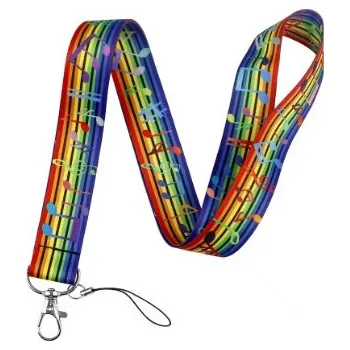 Barevná šňůrka na krk s karabinou a potiskem barevné noty