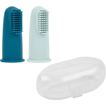 Zubní kartáček NATTOU Kartáček silikonový na prst s pouzdrem Petrol blue/Aqua blue 2 ks