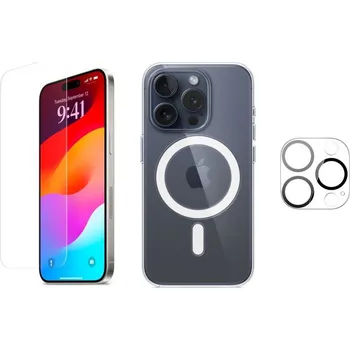 Náhradní díl pro mobilní telefon 3PACK - Ochranné sklo + Crystal Air kryt s Magsafe + ochranné sklíčko kamery pro iPhone 15 Pro Max