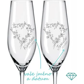 Sklenice Svatební skleničky na sekt Rozkvetlá srdce s krystaly 2 ks