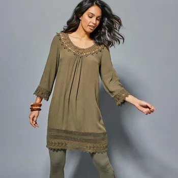Kreponová tunika s 3/4 rukávy a macramé khaki 46