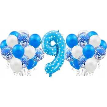 Balónek Modrá sada na 9. narozeniny, výročí svatby - BALÓNKY modré, bílé, konfety