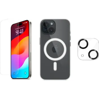 Náhradní díl pro mobilní telefon 3PACK - Ochranné sklo + Crystal Air kryt s Magsafe + ochranné sklíčko kamery pro iPhone 15