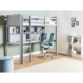 Dětská postel Vyvýšená dětská postel šedá borovicové dřevo 90 x 200 cm jednolůžko s žebříkem roštem s psacím stolem dětský pokoj Beliani