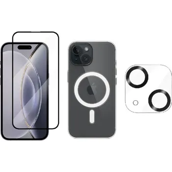 Náhradní kryt pro mobilní telefon 3PACK - 3D ochranné sklo + Crystal Air kryt s Magsafe + ochranné sklíčko kamery pro iPhone 15