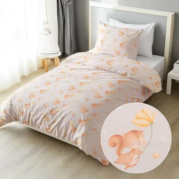 Povlečení Dětské bavlněné ložní povlečení Sandra SA-525 Veverky s květinami na šedobéžovém Prodloužené 140x220 a 70x90 cm