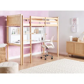 Postel Vyvýšená dětská postel hnědé borovicové dřevo 90 x 200 cm jednolůžko s žebříkem roštem s psacím stolem dětský pokoj Beliani