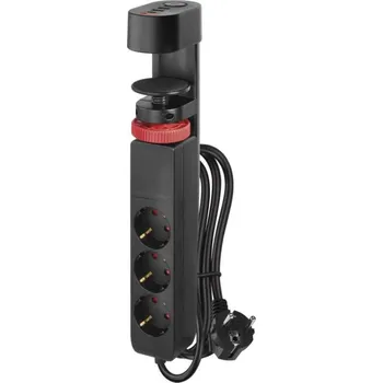 Prodlužovací kabel EMOS Prodlužovací kabel 1,5 m/3 zásuvky/vypínač/uchycení na stůl/USB/černý/PVC/1,5 mm2