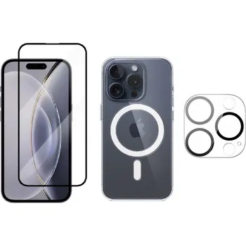Náhradní kryt pro mobilní telefon 3PACK - 3D ochranné sklo + Crystal Air kryt s Magsafe + ochranné sklíčko kamery pro iPhone 15 Pro Max