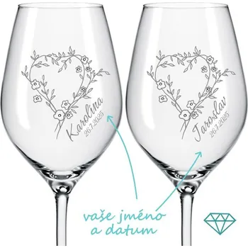 Sklenice Svatební skleničky na víno Rozkvetlá srdce s krystaly 2 ks