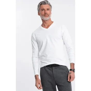 Ombre Clothing Bílé tričko s dlouhým rukávem a výstřihem do V V3 LSBL-0108