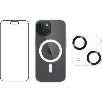 Náhradní kryt pro mobilní telefon 3PACK - Hydrogel s výřezem pro přední kameru + Crystal Air kryt s Magsafe + ochranné sklíčko kamery pro iPhone 15 Plus