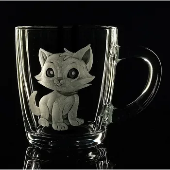 Hrnek skleněný na čaj 300ml s rytinou kočičky - ručně ryté (broušené), dárková krabička