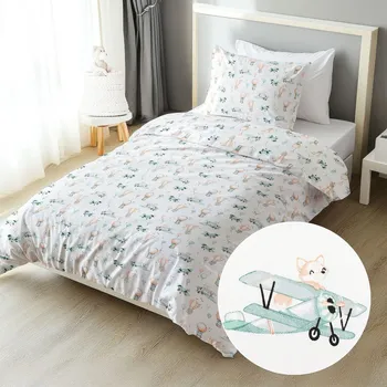 Povlečení Dětské bavlněné ložní povlečení Sandra SA-457 Lišky v letadýlkách na bílém Jednolůžko 140x200 a 70x90 cm