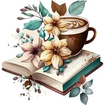 Diamantové malování Diamantové malování/Homfun - Šálek s květinami a kniha + třpytivé kamínky