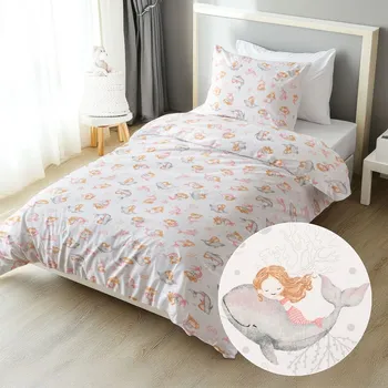 Povlečení Dětské bavlněné ložní povlečení Sandra SA-527 Růžové mořské panny s delfíny a velrybami na bílém Jednolůžko 140x200 a 70x90 cm