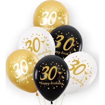 Balónek Balónky k 30. NAROZENINÁM, zlaté, černé a bílé, 30 cm 6 Ks