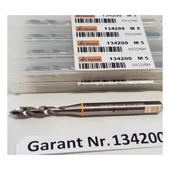 Závitořezný nástroj Strojní závitník se šroubovitými drážkami - M4 6H HSSE, ISO2, Garant -134200 (Garant Nr. 134200, HSSE, ISO 2, 6H, DIN 371. Úhel šroubovice 40°. Dvě leštěné široké drážky umožňují dobrý odvod třísek.)