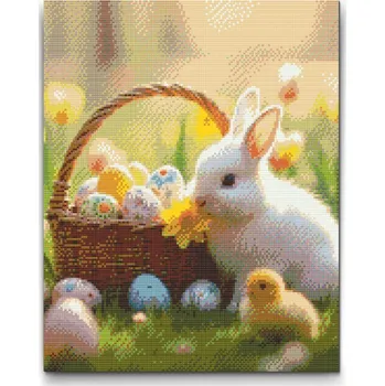 Diamantové malování Diamantové malování - Velikonoční košík a zajíček Velikost: 30x40cm, Rámování: Pouze srolované plátno, Diamanty: Čtvercové