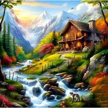 Diamantové malování Diamantové malování/Homfun - Divoký potok a chata + perleťové kamínky NOVINKA
