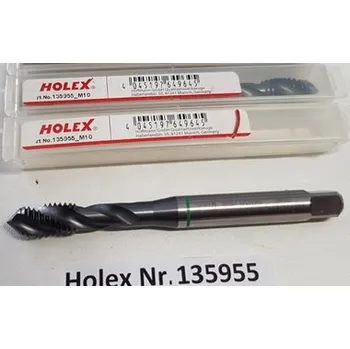 Závitořezný nástroj Strojní závitník se šroubovitými drážkami - M10 6H, HSSE, Holex - 135955, TiCN (Holex Nr. 135955, HSSE, ISO2, 6H, DIN 371. Úhel šroubovice 40°. Povrch TiCN. Pro zvlášt' vysoké nároky na tvrdost a houževnatost.)