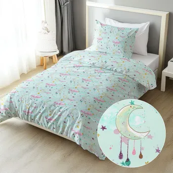 Povlečení Dětské bavlněné ložní povlečení Sandra SA-522 Měsíční obloha na mintovém Jednolůžko 140x200 a 70x90 cm