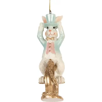 Vánoční ozdoba Velikonoční závěsná ozdoba bílý zajíček v modrém fraku s kloboukem Wonderland – 4x4x10 cm