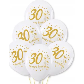 Balónek Balónky k 30. NAROZENINÁM, bílý zlatý potisk 30 cm, 6 Ks