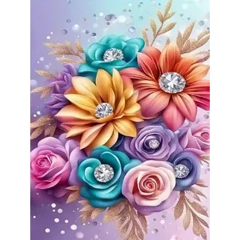 Diamantové malování Diamond painting/Homfun - Barevné květiny s diamanty + třpytivé kamínky