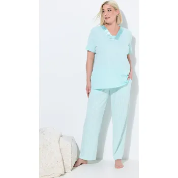 Pánské pyžamo Ulla Popken, Plus size Pyžamo, pruhy, výstřih do V, krátké rukávy pro plnoštíhlé nadměrná velikost, 837852701-1131, tyrkysový, 54/56, Nadměrné velikosti, Plus size oblečení, Oblečení pro boubelky, Oblečení pro baculky, Oblečení pro plnoštíhlé, Oblečení pr