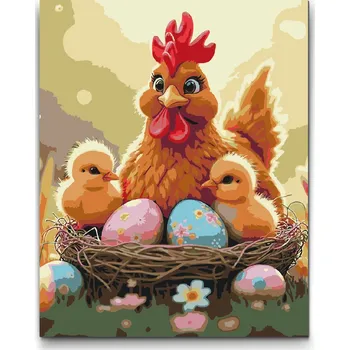 Malování podle čísel - Slepička a kuřata Velikost: 30x40cm, Rámování: Pouze srolované plátno