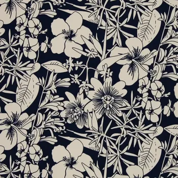 Bavlněný satén Ibišky a tropické květy, navy (E) (Kvalitní satén z Německa Limitka Jaro 24)
