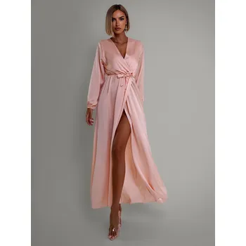 Dámské šaty Světle růžové saténové šaty WOMAN s dlouhým rukávem