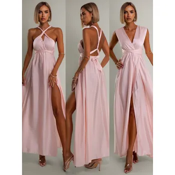 Dámské šaty Světle růžové lesklé šaty VALERDI s variabilním vázáním a rozparkem Velikost: ONESIZE