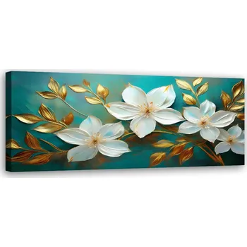 Obraz Obraz na plátně, Bílé Květy Zlaté Listy Tyrkysový 120x40