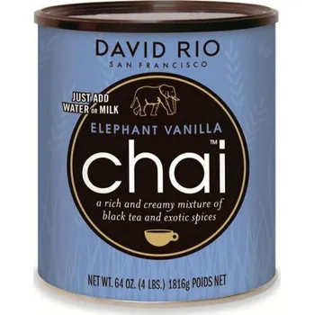 Čaj David Rio Elephant Vanilla Chai černý čaj 1814 g je vysoce kvalitní směs černého čaje a aromatického koření, která je obohacena o sladkou vanilku. Tato kombinace nabízí plnou, jemně kořeněnou chuť, jež je typická pro tradiční indický nápoj masala chai, av