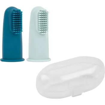 Zubní kartáček NATTOU Kartáček silikonový na prst s pouzdrem Petrol blue/Aqua blue 2 ks