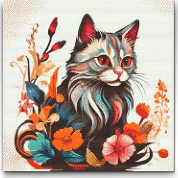 Diamantové malování Diamantové malování - Kočka obklopená květinami Velikost: 50x50cm, Rámování: Pouze srolované plátno, Diamanty: Čtvercové