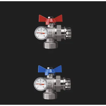 Ventil WIGELL SADA Kulových kohoutů NIKL s teploměry 1" rohových se šroubením k rozdělovači