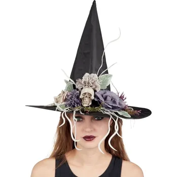 Party dekorace Čarodějnický klobouk černý s lebkou a květinami