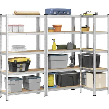 Dílenský regál vidaXL 5patrové úložné regály 3 ks ocel a kompozitní dřevo [3307590] Barva: Stříbrná