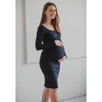 Těhotenské šaty Milk & Love Žebrované těhotenské a kojící šaty Tummy námořnické modré bavlněné dlouhý rukáv Velikost: XL