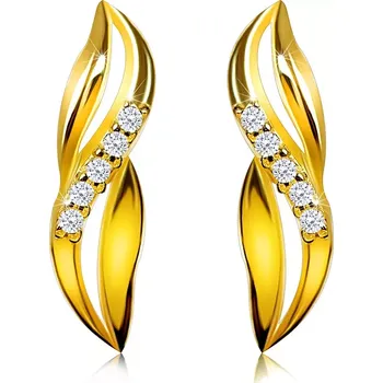 Náušnice Briliantové náušnice ze žlutého 14K zlata - propletené vlnky, diamantová linie, puzetky, rhodiované