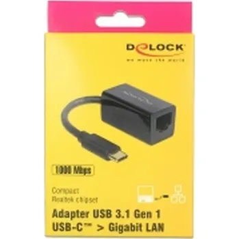 Datový kabel Delock Adaptér Super Speed USB (USB 3.1 Gen 1) s USB Type-C™ samec > Gigabit LAN 10/100/1000 Mbps kompaktní černý 65904