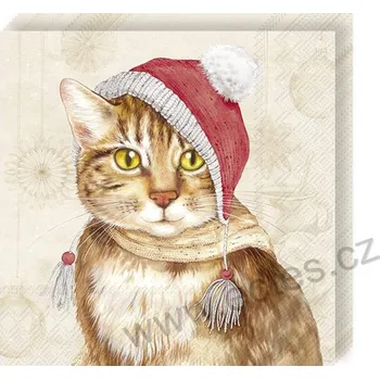 Papírový ubrousek IHR JILL papírové dezertní ubrousky zrzavá kočka v zimní červené čepici 20 ks