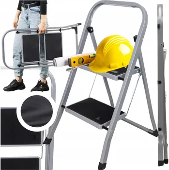 Žebřík ŽEBŘÍK 2STUPŇOVÝ DOMÁCÍ SKLÁDACÍ ŽEBŘÍK OCELOVÝ KOVOVÝ ŠEDÝ 150 KG